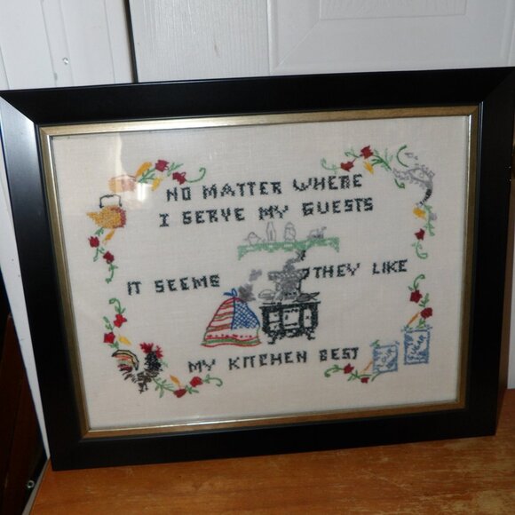 Vintage FRAMED 13x16" Hand Embroidered Cross Stitch Embroidered Kitchen Sampler - Picture 1 of 5
